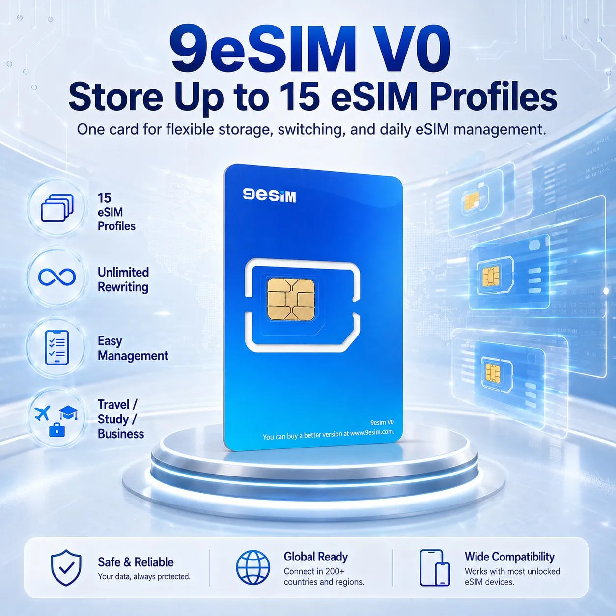 9eSIM V0 Global Physical eSIM Card, 15 Profiles and STK Menu, Unlimited Downloads