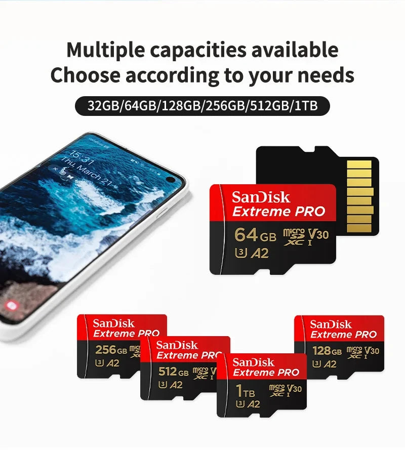 SanDisk Extreme PRO Micro SD Card 128GB 64GB 32GB 512GB 256G 400G Micro SD 1TB Flash Memory Card SD U3 4K V30 Microsd TF Cards
