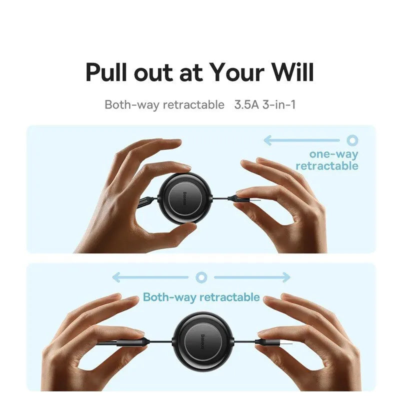 Baseus 3 in 1 Retractable USB Cable for iPhone Charger Fast Wire Charging Cable For Android Phone Type C For Xiaomi Samsung