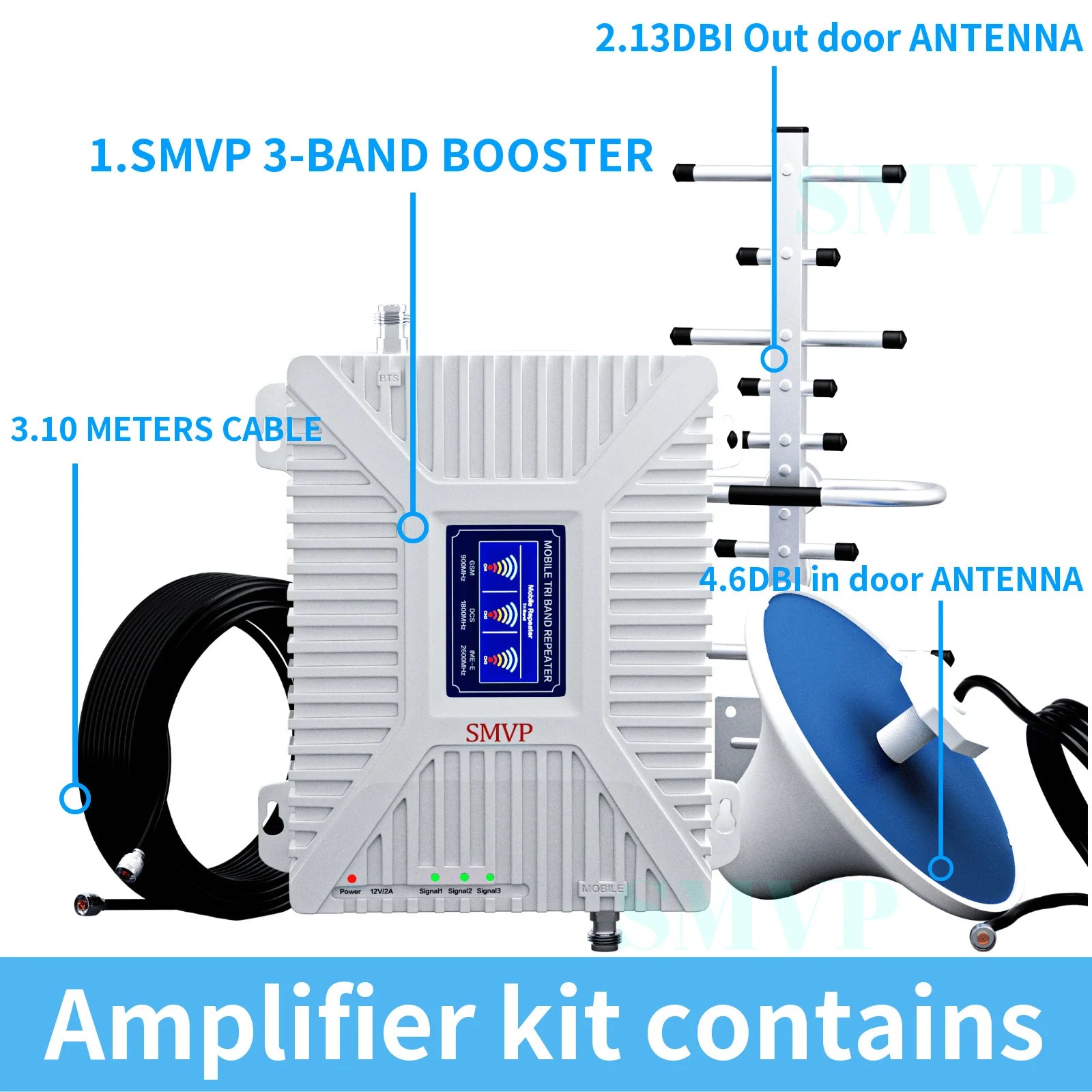 SMVP Fullset Tri-Band Band8/3/1 900/1800/2100 Amplifier GSM WCDMA UMTS LTE 900Mhz 1800MHz 2100MHz Booster Repeater +360 Antenna