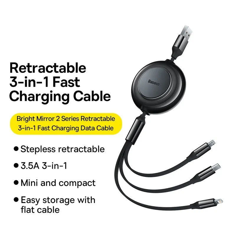 Baseus 3 in 1 Retractable USB Cable for iPhone Charger Fast Wire Charging Cable For Android Phone Type C For Xiaomi Samsung